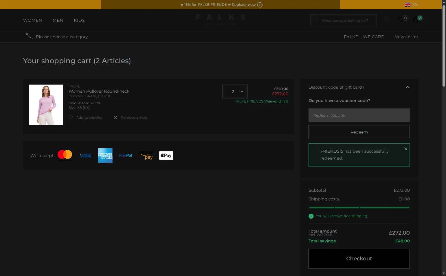 Falke checkout page showing Falke promo code box | Screenshot taken by SimplyCodes community member on May 23, 2025