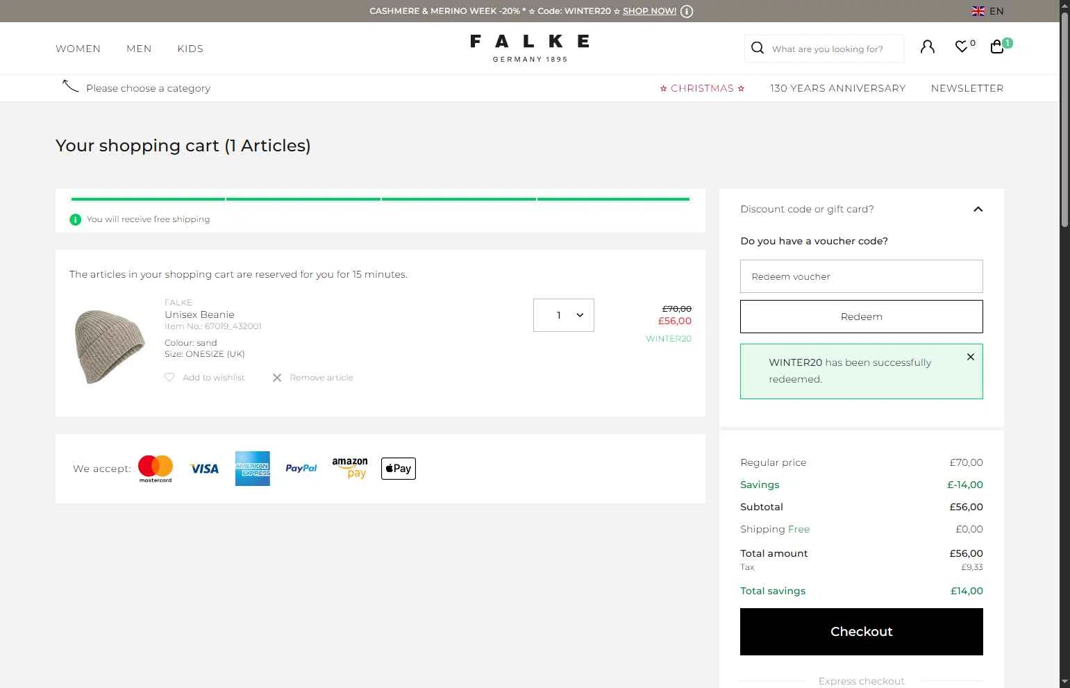 Falke checkout page showing Falke promo code box | Screenshot taken by SimplyCodes community member on Dec 7, 2025