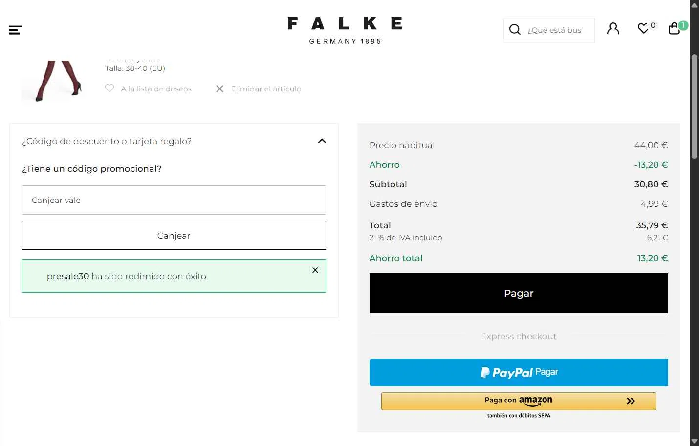Falke checkout page showing Falke promo code box | Screenshot taken by SimplyCodes community member on Dec 31, 2025