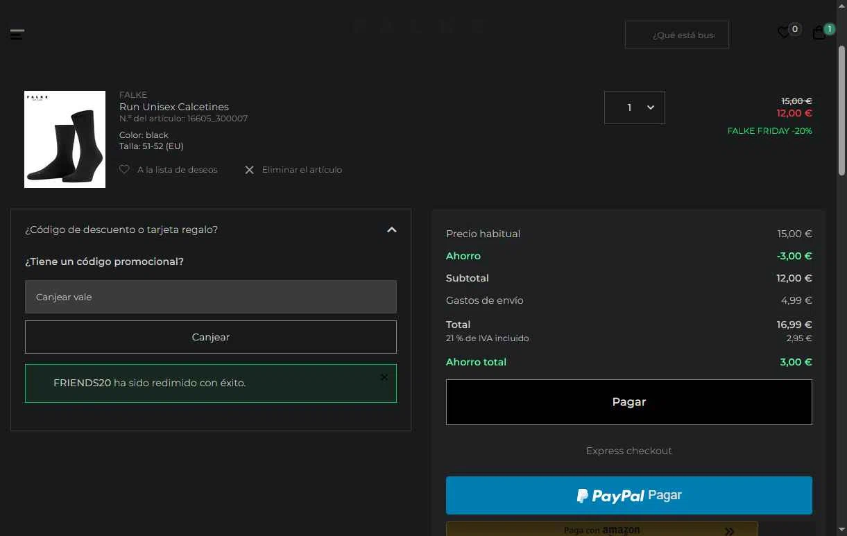 Falke checkout page showing Falke promo code box | Screenshot taken by SimplyCodes community member on Nov 26, 2025