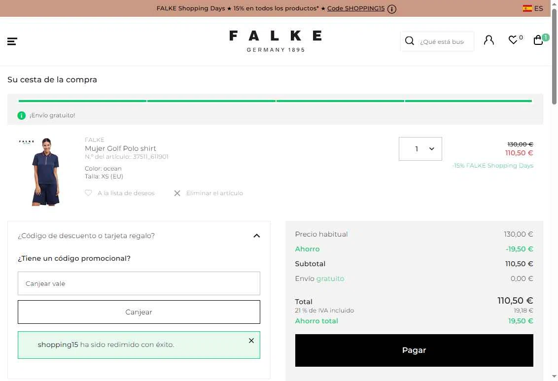 Falke checkout page showing Falke promo code box | Screenshot taken by SimplyCodes community member on Sep 28, 2025