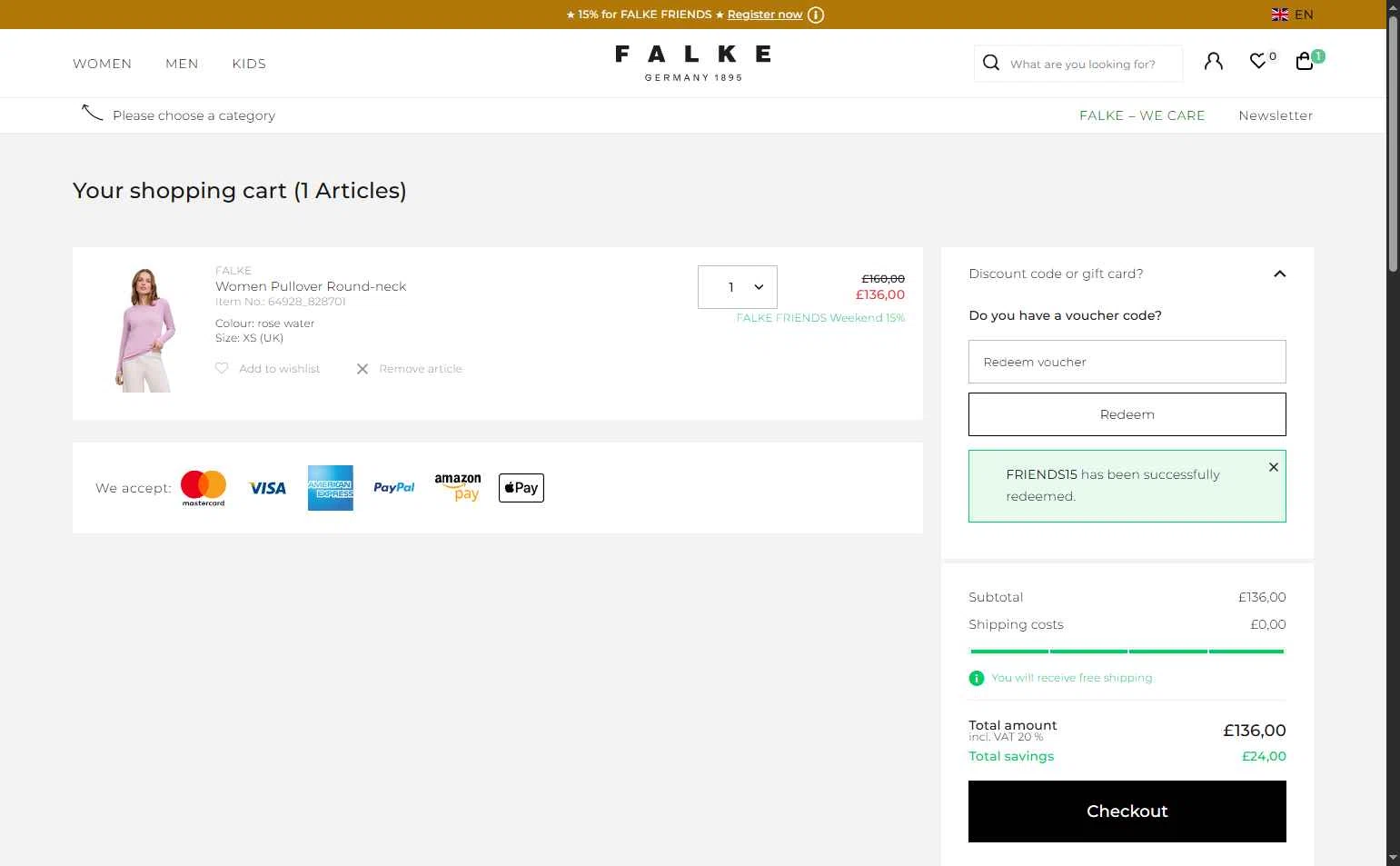 Falke checkout page showing Falke promo code box | Screenshot taken by SimplyCodes community member on May 23, 2025