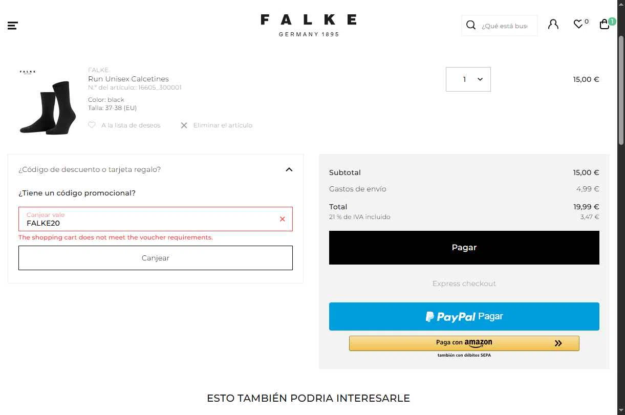 Falke checkout page showing Falke promo code box | Screenshot taken by SimplyCodes community member on Nov 26, 2025