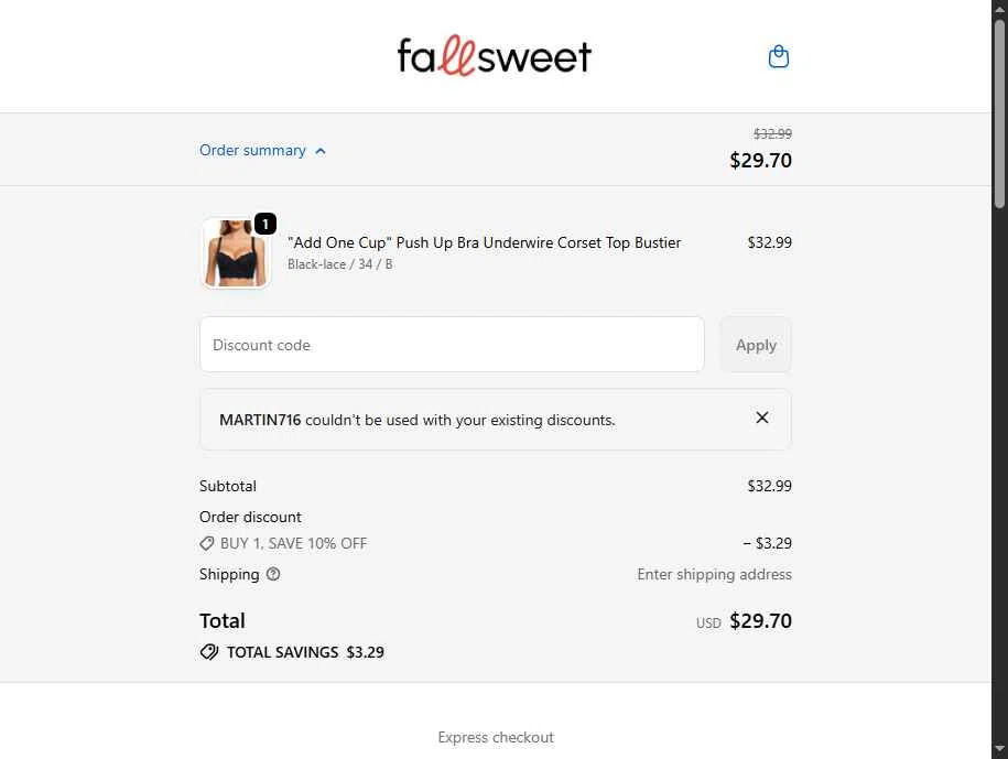 FallSweet checkout page showing FallSweet promo code box | Screenshot taken by SimplyCodes community member on Dec 24, 2025