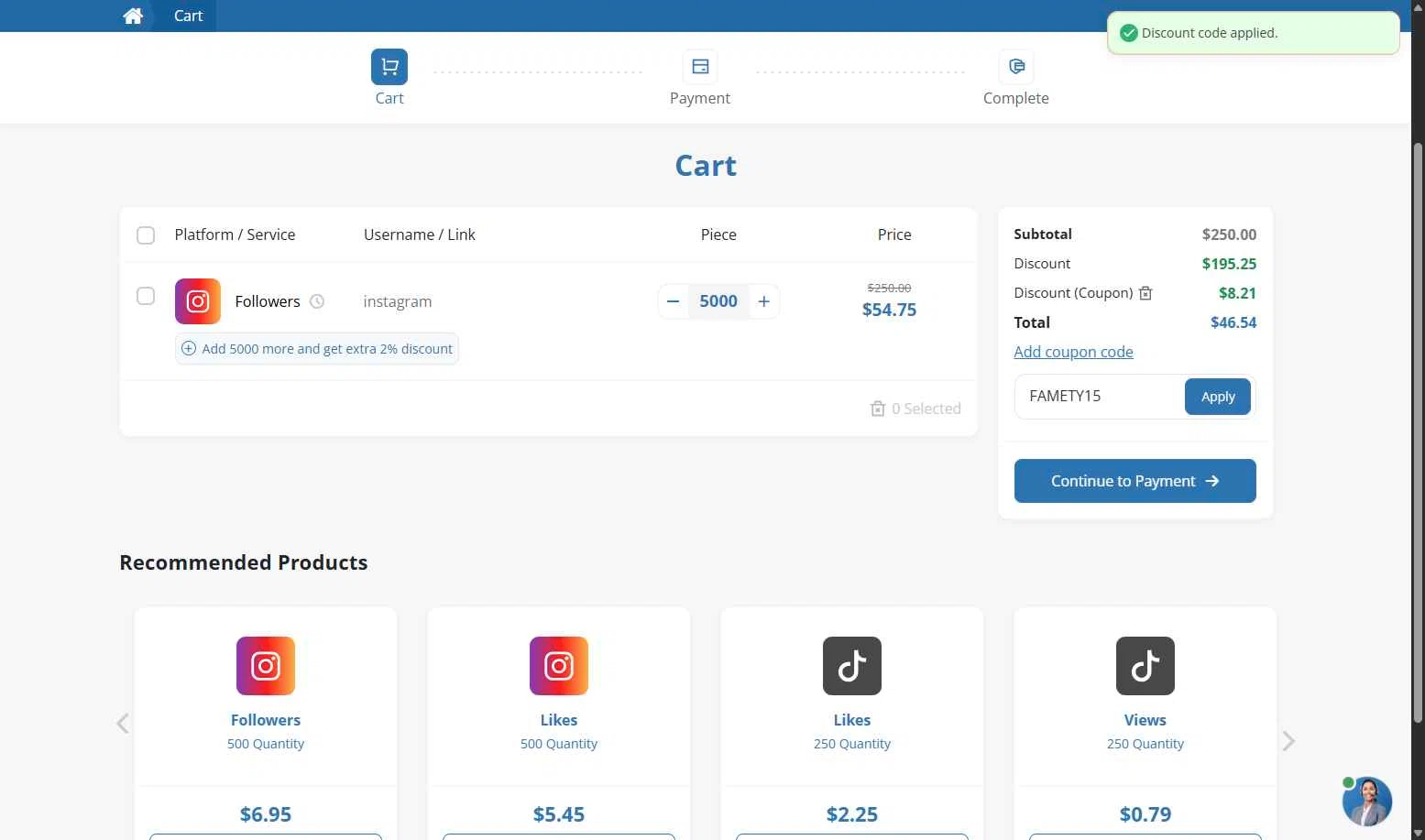 Famety checkout page showing Famety coupon code box | Screenshot taken by SimplyCodes community member on Nov 14, 2025