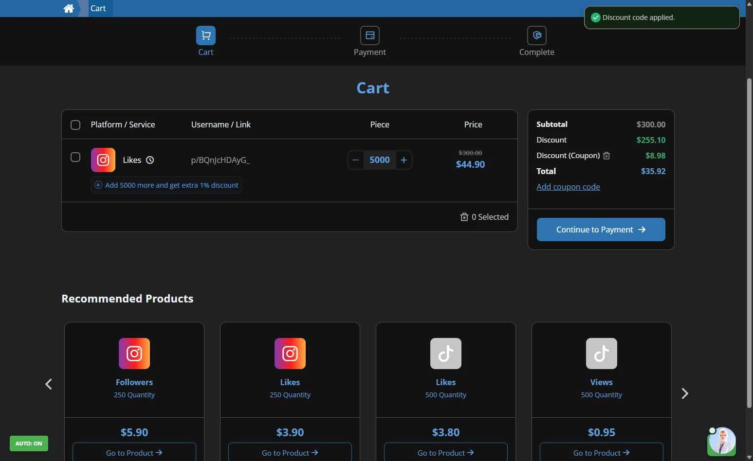 Famety checkout page showing Famety coupon code box | Screenshot taken by SimplyCodes community member on Aug 21, 2025