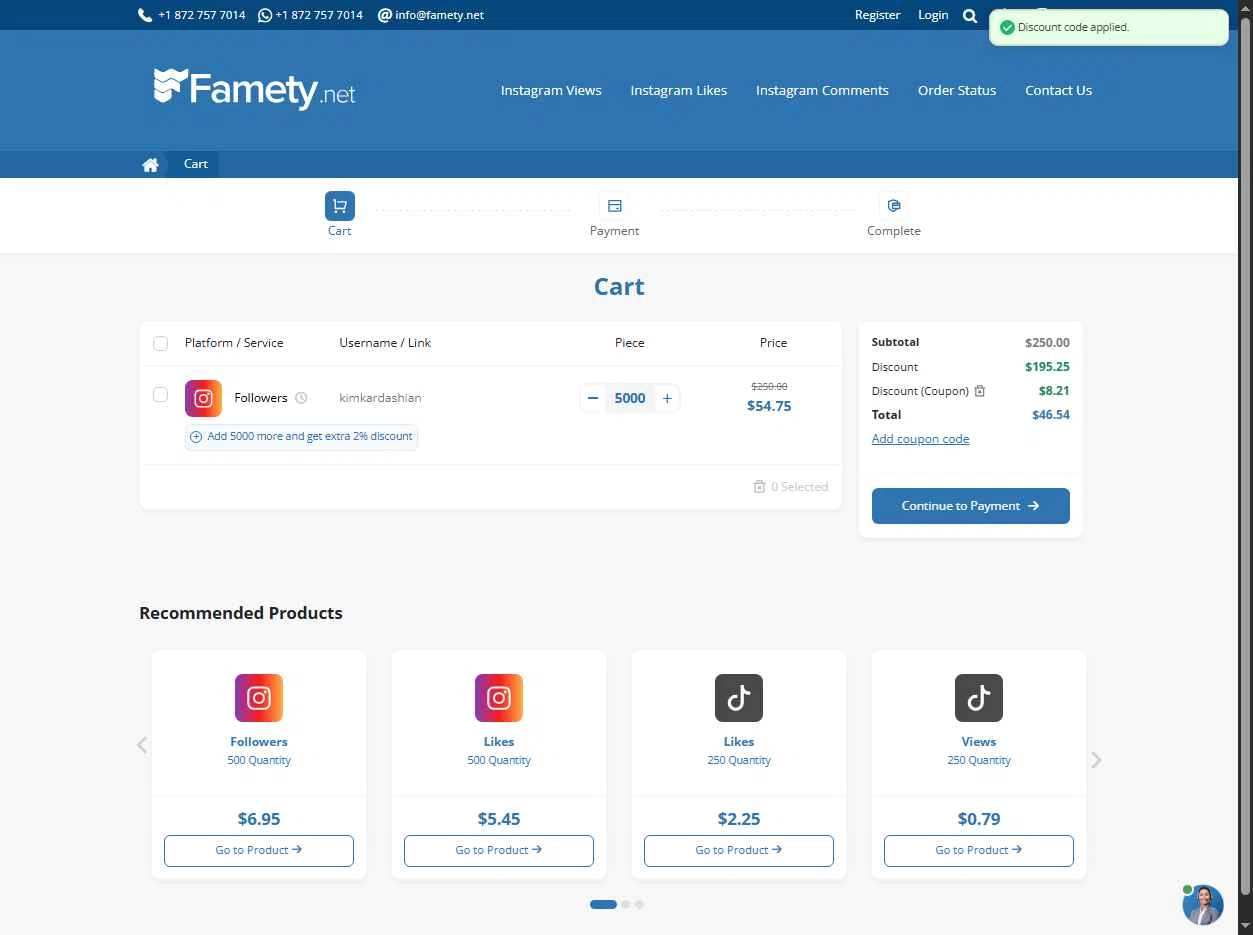 Famety checkout page showing Famety coupon code box | Screenshot taken by SimplyCodes community member on Oct 15, 2025