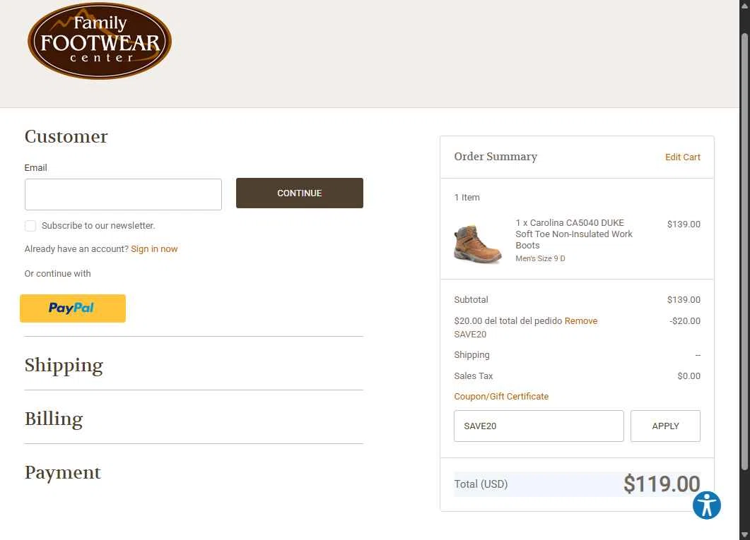 Family Footwear Center checkout page showing Family Footwear Center promo code box | Screenshot taken by SimplyCodes community member on Nov 19, 2025