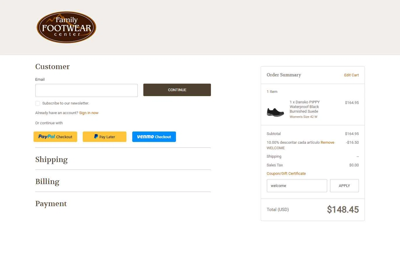 Family Footwear Center checkout page showing Family Footwear Center promo code box | Screenshot taken by SimplyCodes community member on Aug 5, 2025