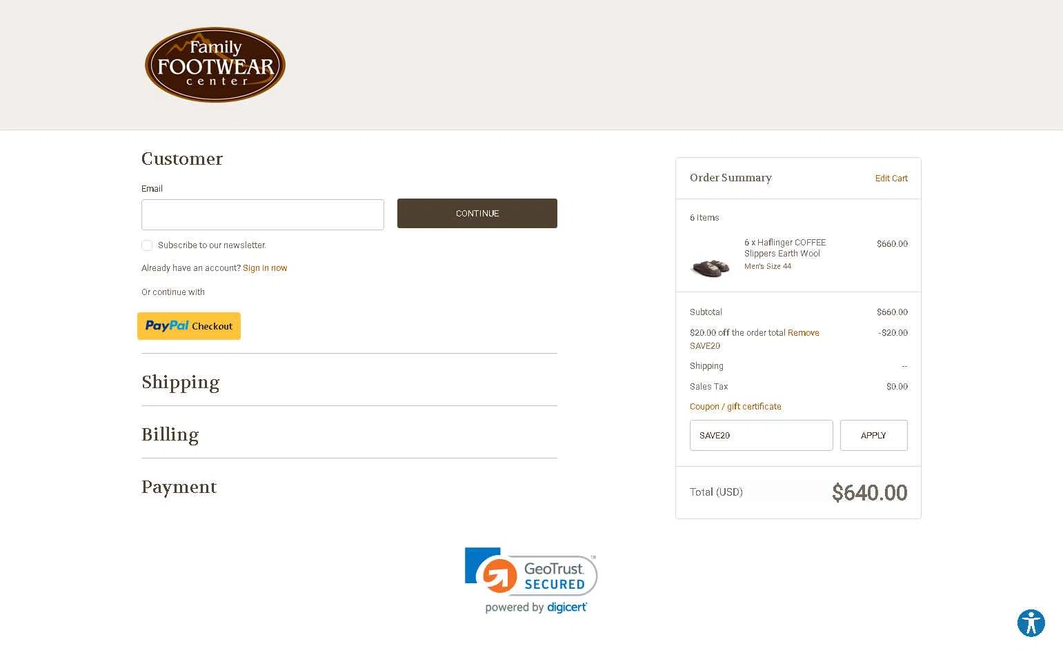 Family Footwear Center checkout page showing Family Footwear Center promo code box | Screenshot taken by SimplyCodes community member on Feb 14, 2026