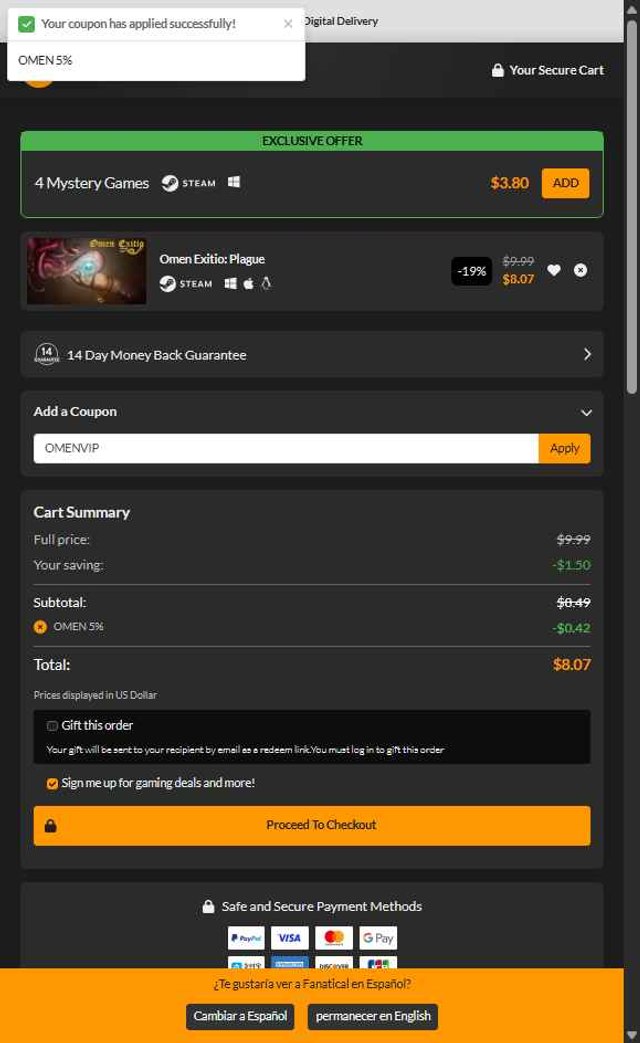 Fanatical checkout page showing Fanatical promo code box | Screenshot taken by SimplyCodes community member on Aug 2, 2025