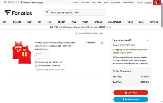 Fanatics checkout page showing Fanatics promo code box | Screenshot taken by SimplyCodes community member on Aug 28, 2025