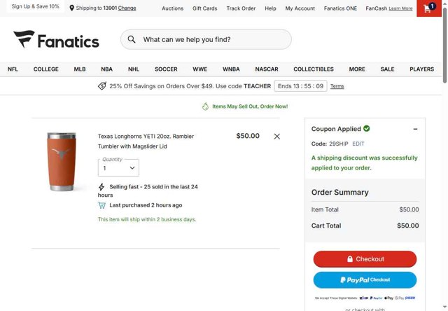 Fanatics checkout page showing Fanatics promo code box | Screenshot taken by SimplyCodes community member on Aug 25, 2025