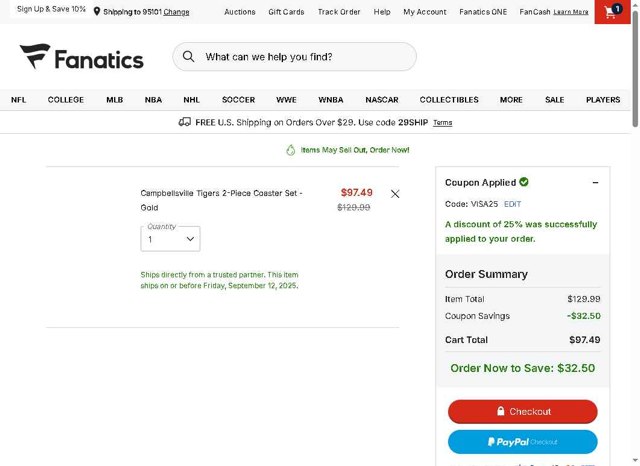 Fanatics checkout page showing Fanatics promo code box | Screenshot taken by SimplyCodes community member on Aug 27, 2025