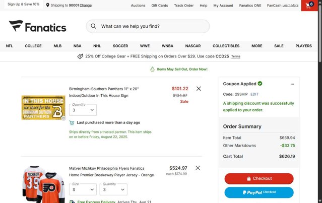 Fanatics checkout page showing Fanatics promo code box | Screenshot taken by SimplyCodes community member on Aug 19, 2025