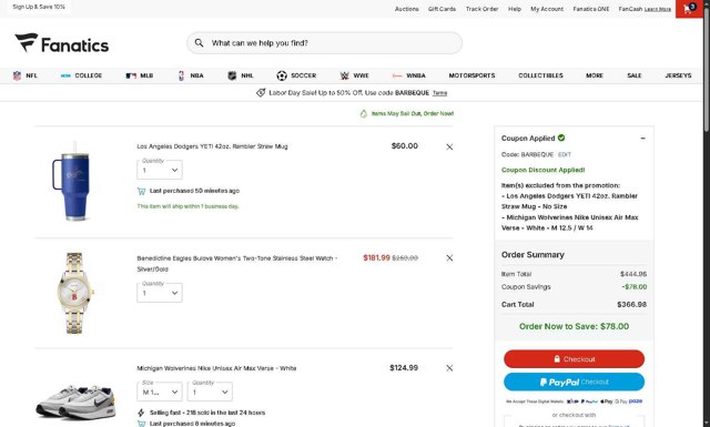 Fanatics checkout page showing Fanatics promo code box | Screenshot taken by SimplyCodes community member on Aug 29, 2025