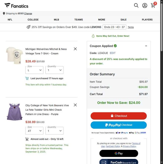 Fanatics checkout page showing Fanatics promo code box | Screenshot taken by SimplyCodes community member on Aug 23, 2025
