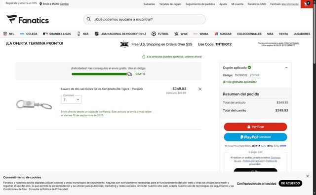 Fanatics checkout page showing Fanatics promo code box | Screenshot taken by SimplyCodes community member on Aug 28, 2025