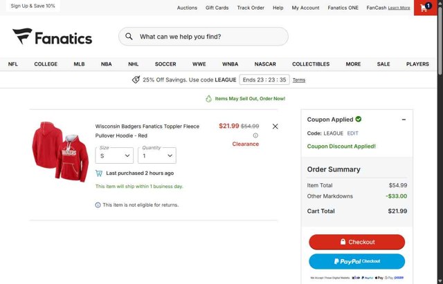 Fanatics checkout page showing Fanatics promo code box | Screenshot taken by SimplyCodes community member on Aug 23, 2025