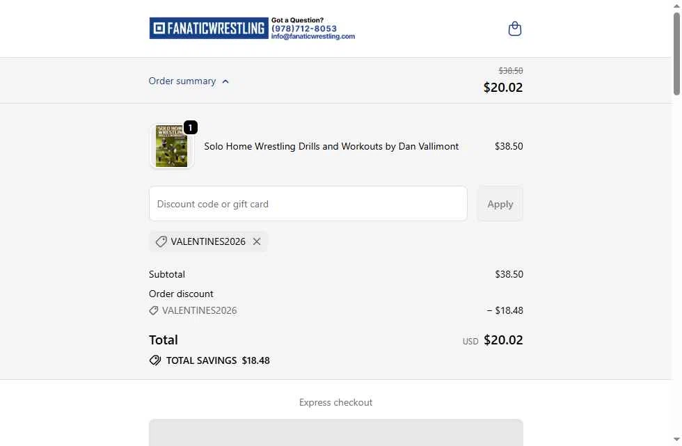 Fanatic Wrestling checkout page showing Fanatic Wrestling discount code box | Screenshot taken by SimplyCodes community member on Feb 15, 2026