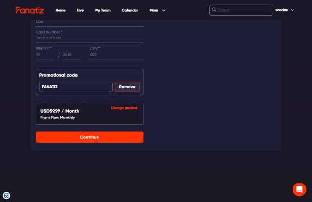 Fanatiz checkout page showing Fanatiz promo code box | Screenshot taken by SimplyCodes community member on May 15, 2025