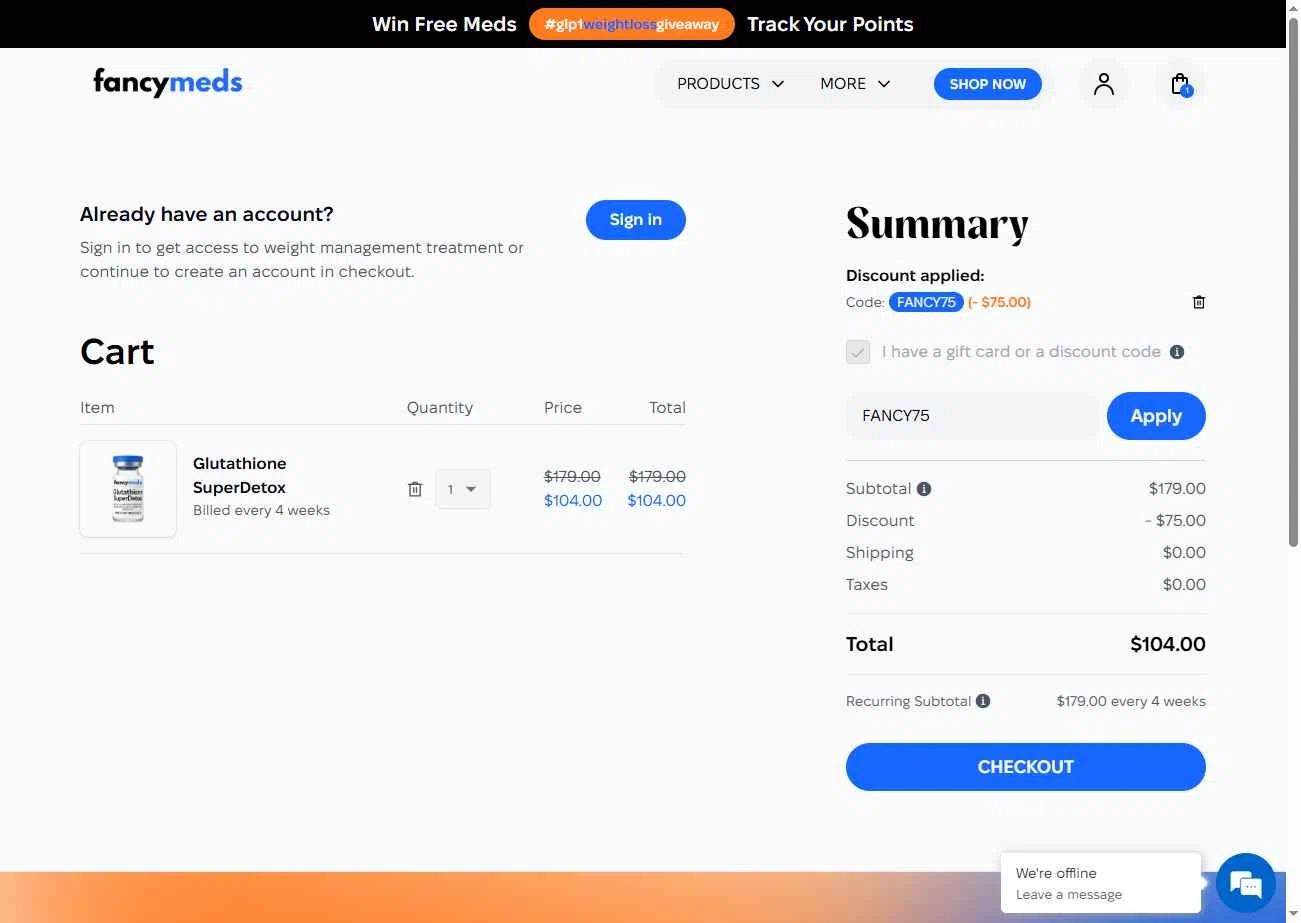FancyMeds checkout page showing FancyMeds promo code box | Screenshot taken by SimplyCodes community member on Jan 8, 2026