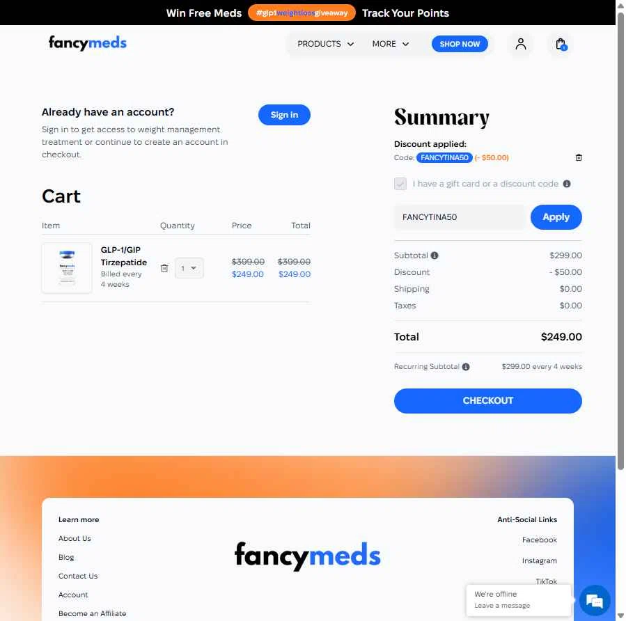 FancyMeds checkout page showing FancyMeds promo code box | Screenshot taken by SimplyCodes community member on Nov 16, 2025