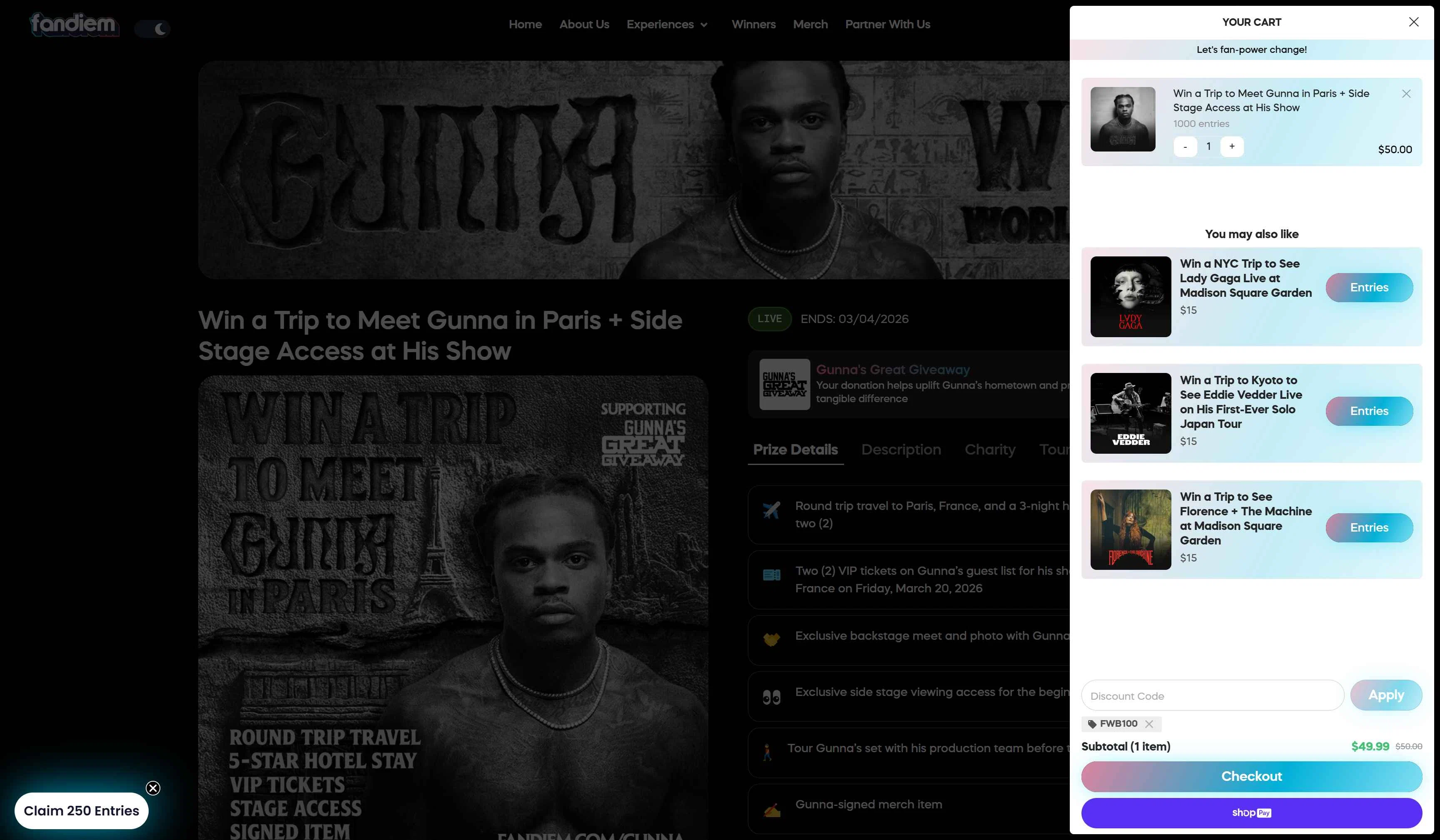 Fandiem checkout page showing Fandiem promo code box | Screenshot taken by SimplyCodes community member on Feb 13, 2026