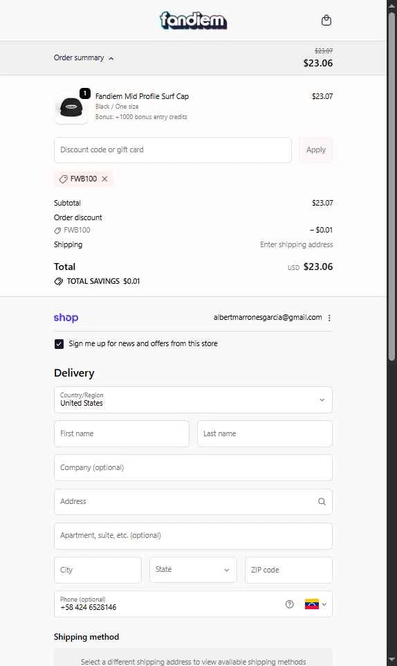 Fandiem checkout page showing Fandiem promo code box | Screenshot taken by SimplyCodes community member on Jan 15, 2026