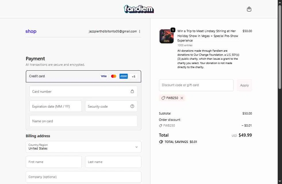 Fandiem checkout page showing Fandiem promo code box | Screenshot taken by SimplyCodes community member on Nov 21, 2025