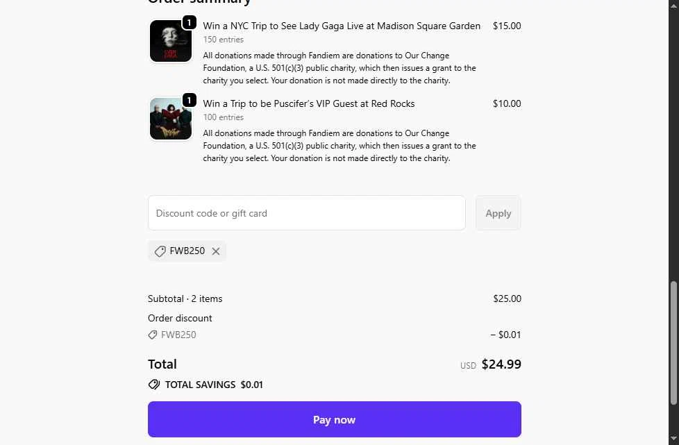 Fandiem checkout page showing Fandiem promo code box | Screenshot taken by SimplyCodes community member on Jan 18, 2026
