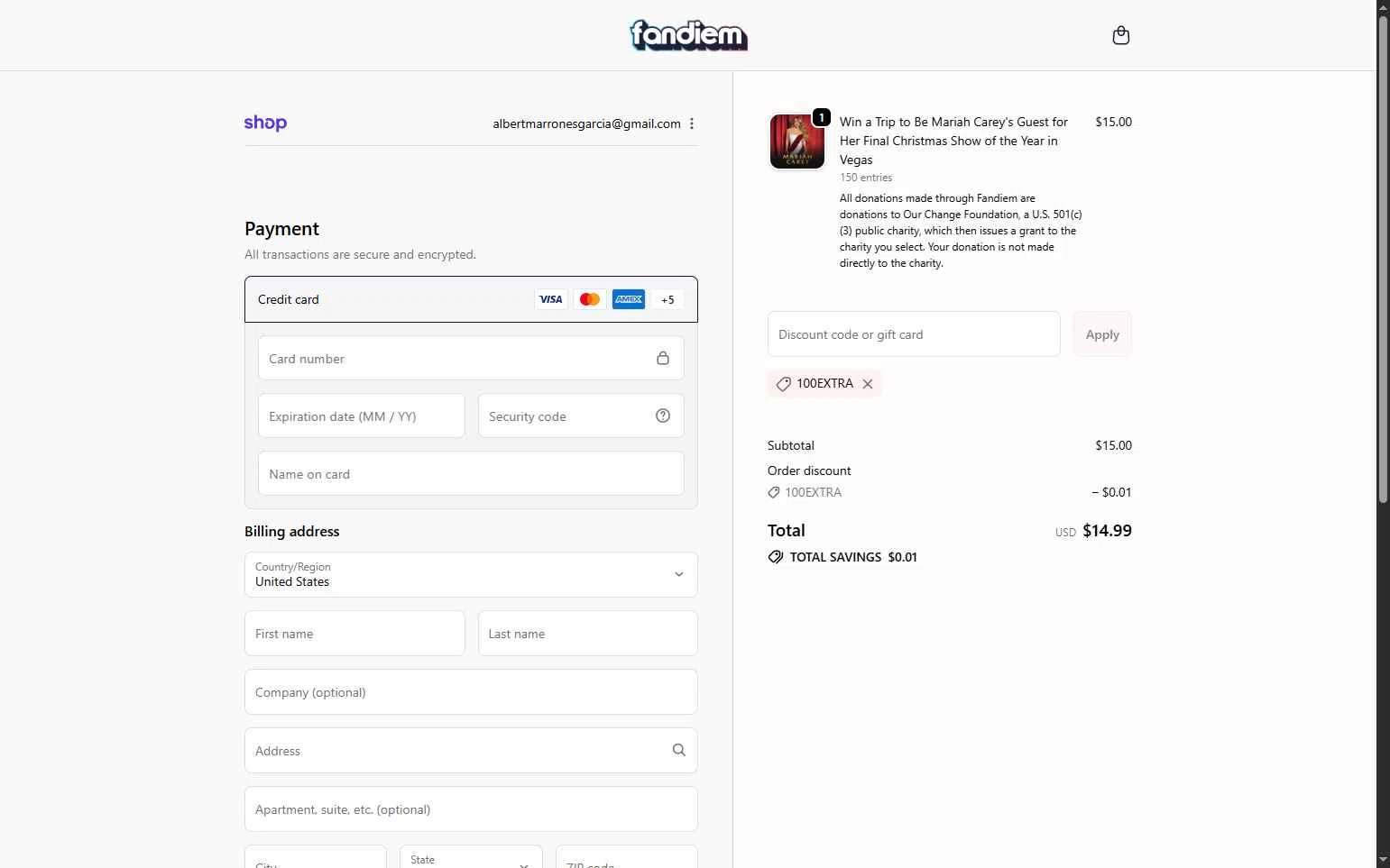 Fandiem checkout page showing Fandiem promo code box | Screenshot taken by SimplyCodes community member on Nov 20, 2025