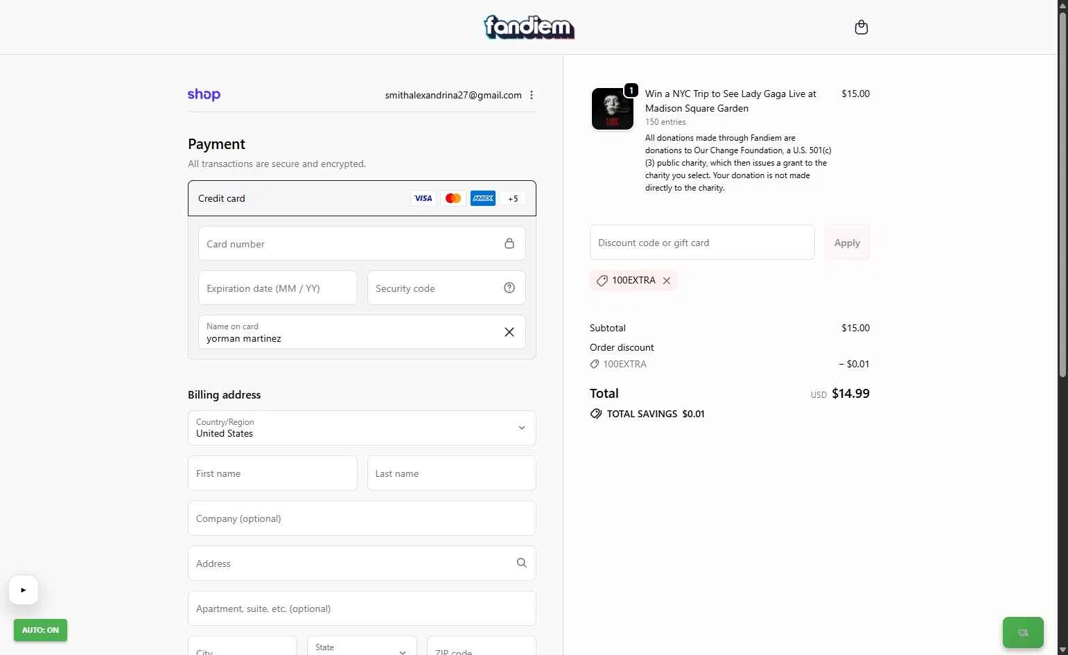 Fandiem checkout page showing Fandiem promo code box | Screenshot taken by SimplyCodes community member on Jan 17, 2026