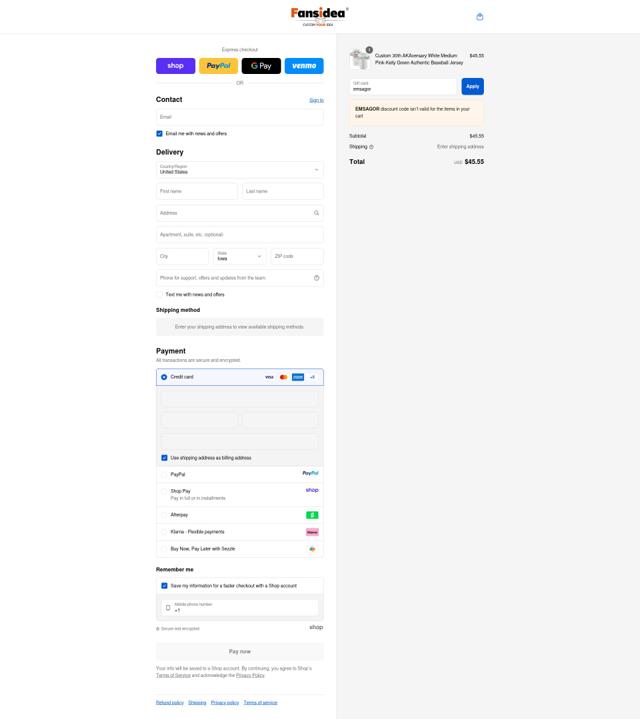 Fansidea checkout page showing Fansidea coupon code box | Screenshot taken by SimplyCodes community member on Sep 14, 2025