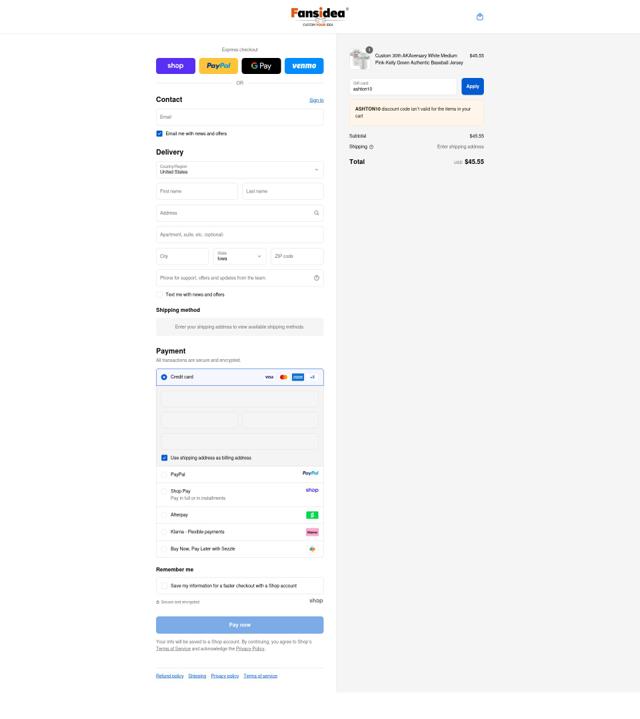 Fansidea checkout page showing Fansidea coupon code box | Screenshot taken by SimplyCodes community member on Sep 14, 2025