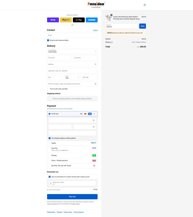 Fansidea checkout page showing Fansidea coupon code box | Screenshot taken by SimplyCodes community member on Sep 14, 2025