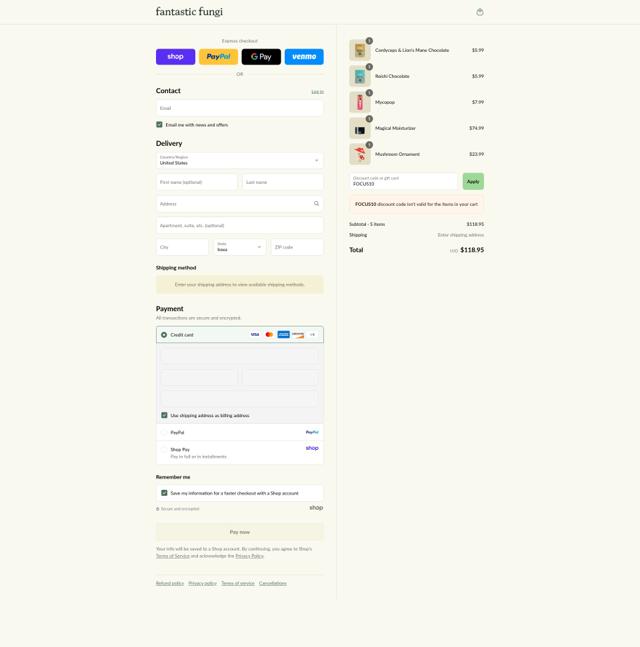 Fantastic Fungi checkout page showing Fantastic Fungi promo code box | Screenshot taken by SimplyCodes community member on Sep 8, 2025