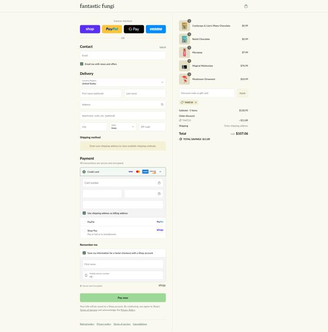 Fantastic Fungi checkout page showing Fantastic Fungi promo code box | Screenshot taken by SimplyCodes community member on Sep 8, 2025