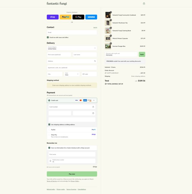 Fantastic Fungi checkout page showing Fantastic Fungi promo code box | Screenshot taken by SimplyCodes community member on Aug 30, 2025