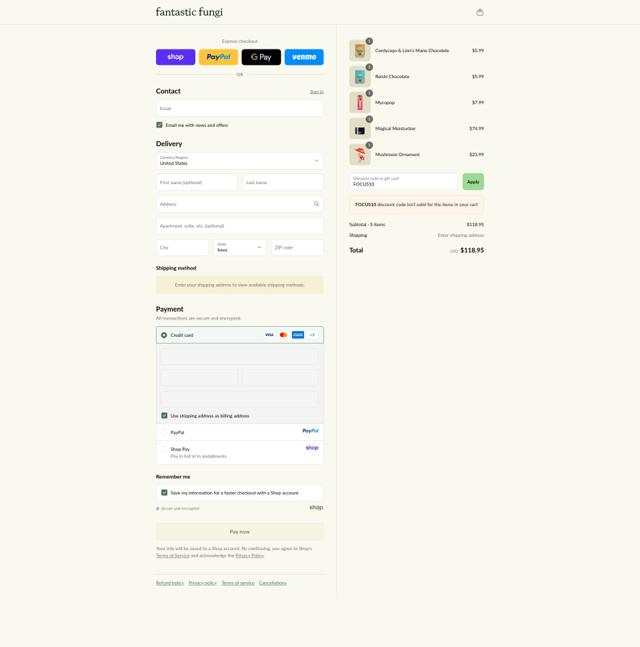 Fantastic Fungi checkout page showing Fantastic Fungi promo code box | Screenshot taken by SimplyCodes community member on Sep 12, 2025