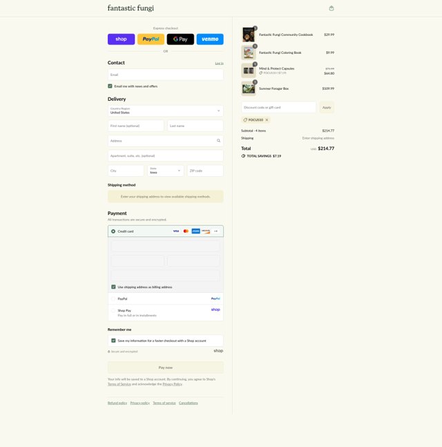 Fantastic Fungi checkout page showing Fantastic Fungi promo code box | Screenshot taken by SimplyCodes community member on Sep 4, 2025