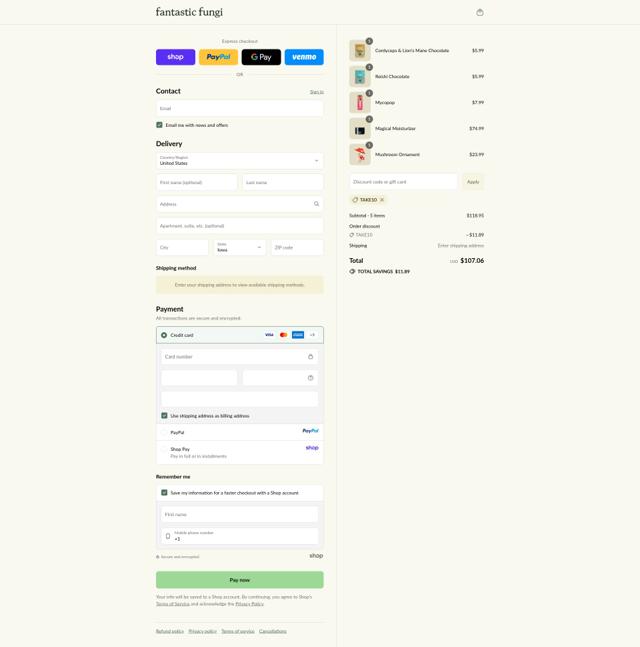 Fantastic Fungi checkout page showing Fantastic Fungi promo code box | Screenshot taken by SimplyCodes community member on Sep 12, 2025