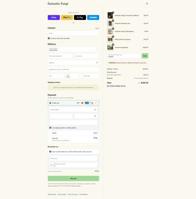 Fantastic Fungi checkout page showing Fantastic Fungi promo code box | Screenshot taken by SimplyCodes community member on Aug 30, 2025