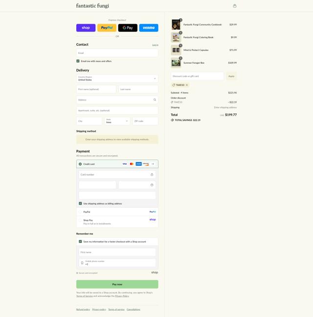 Fantastic Fungi checkout page showing Fantastic Fungi promo code box | Screenshot taken by SimplyCodes community member on Sep 4, 2025