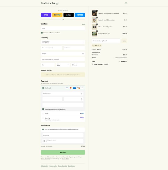 Fantastic Fungi checkout page showing Fantastic Fungi promo code box | Screenshot taken by SimplyCodes community member on Sep 4, 2025