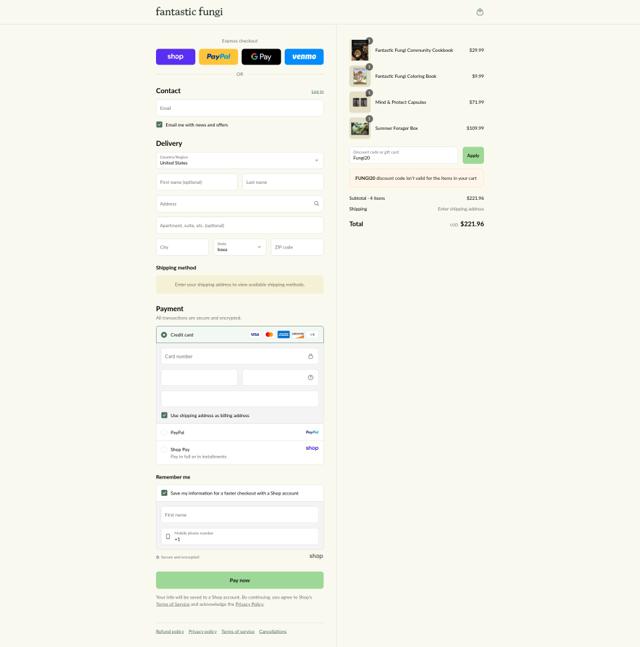 Fantastic Fungi checkout page showing Fantastic Fungi promo code box | Screenshot taken by SimplyCodes community member on Sep 4, 2025