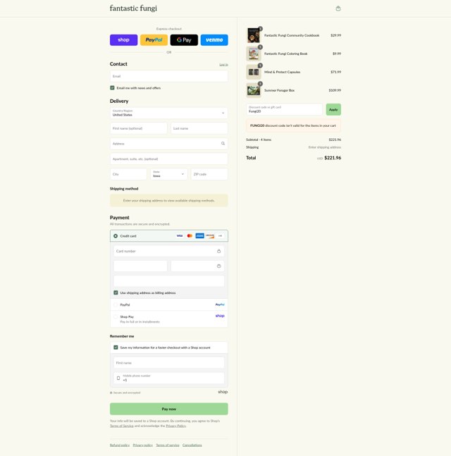 Fantastic Fungi checkout page showing Fantastic Fungi promo code box | Screenshot taken by SimplyCodes community member on Sep 4, 2025