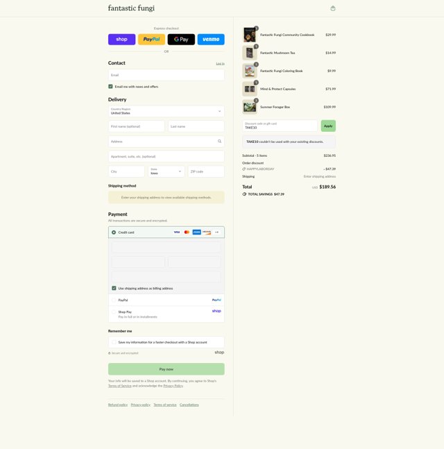 Fantastic Fungi checkout page showing Fantastic Fungi promo code box | Screenshot taken by SimplyCodes community member on Aug 30, 2025