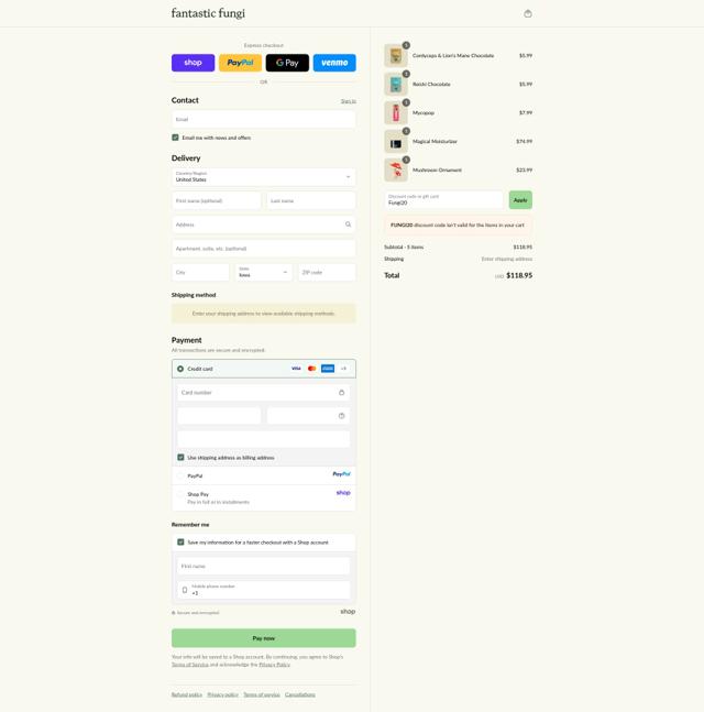Fantastic Fungi checkout page showing Fantastic Fungi promo code box | Screenshot taken by SimplyCodes community member on Sep 12, 2025
