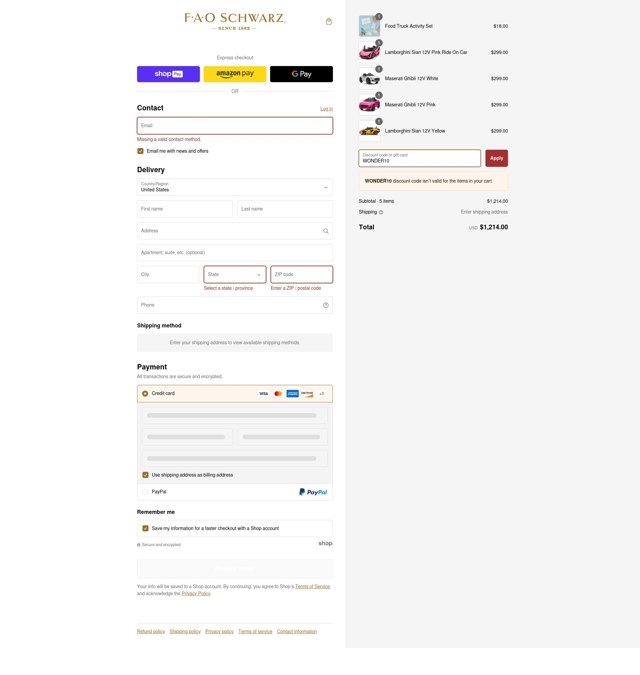 FAO Schwarz checkout page showing FAO Schwarz discount code box | Screenshot taken by SimplyCodes community member on Feb 19, 2025